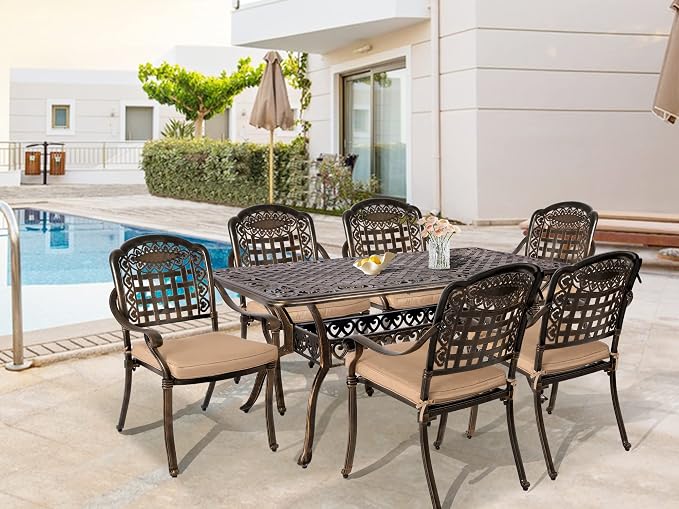 TITIMO 7-Piece Cast Aluminum Patio Furniture Set, Outdoor Patio Dining Set Bistro Conversation Set, All-Weather Rectangular Table w/Umbrella Hole (Khaki-Fixed Grid Chair, 7 Pcs)
