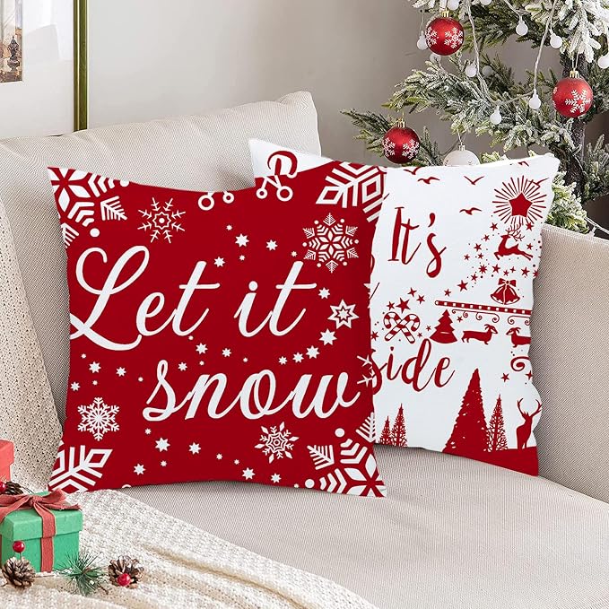 22x22 Christmas Pillow Covers Happy Winter Snowflakes Let It Snow Deer Soft Velvet Baby It's Cold Outside Decorative Throw Cushion Cases for Sofa Farmhouse Couch Square 22 Inch Set of 4