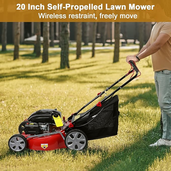 3 in 1 Gas Lawn Mower Self Propelled,141 OHV Engine with Air Cooling, 20" Steel Deck, 8-Level Height Adjustment, 50L Grass Tank, Foldable Design Red
