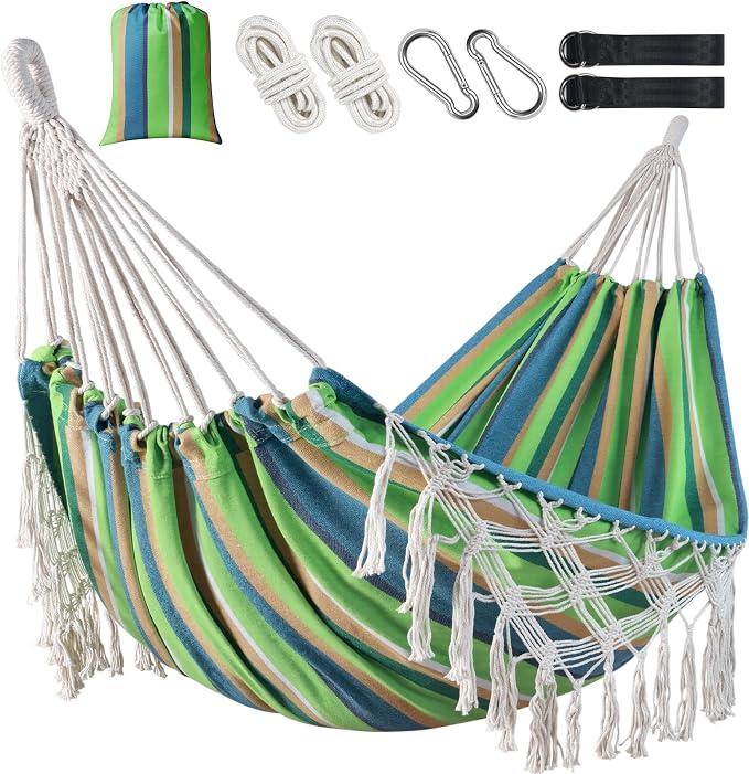 Portable Double Hammock, Hanging Hammock with Tassels 2 Person Patio Hammock for Backyard & Indoor Relaxation, Soft Breathable Fabric, Easy Setup with Straps & Carry Bag, 360 lbs Capacity