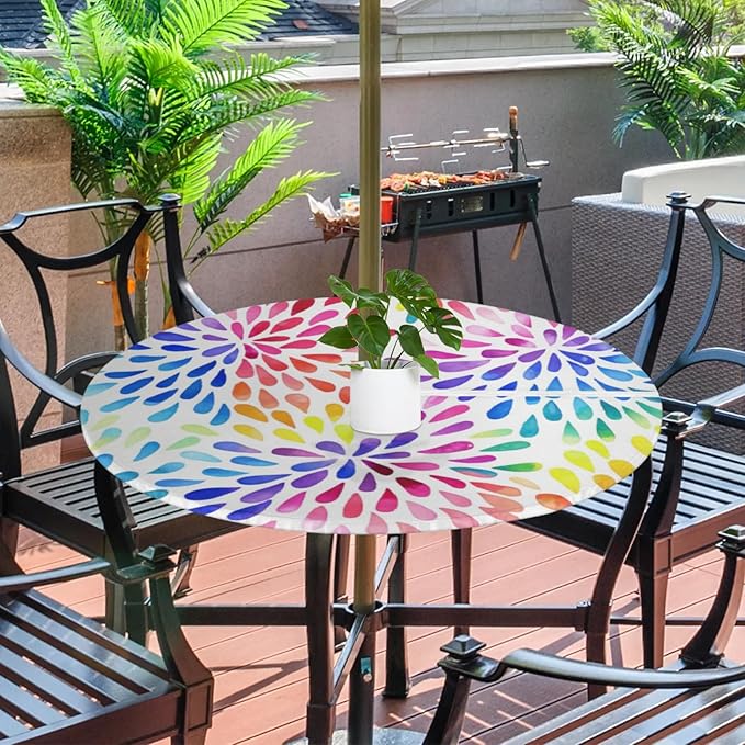 Fitted Round Tablecloth with Umbrella Hole and Zipper Spring or Summer Floral Outdoor Elastic Table Cloth 45"-56" Oil-Proof Waterproof Patio Table Cover for Picnic Party