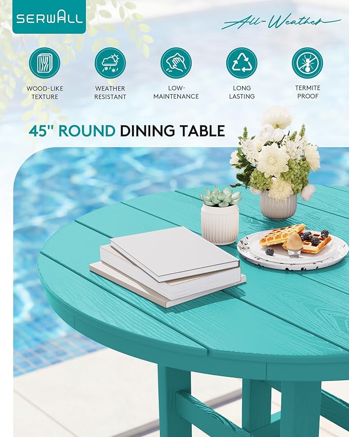 SERWALL 6-Piece Patio Dining Sets, HDPE Outdoor Table and Chairs Furniture Set with Umbrella, 45" Round Dining Table & 4 Armless Dining Chairs & 1 9FT Umbrella, Aruba(Not Include Umbrella Base)