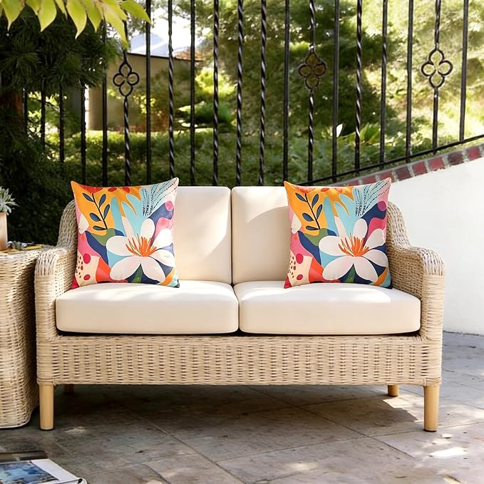 Outdoor Pillow Covers Waterproof Cushion Covers Patio Pillows Case 2 Pack | 18x18inch,Printed Boho Flowers,Seamless,Hidden Zipper,Machine Washable,Perfect decoration for Porch,Patio,Balcony