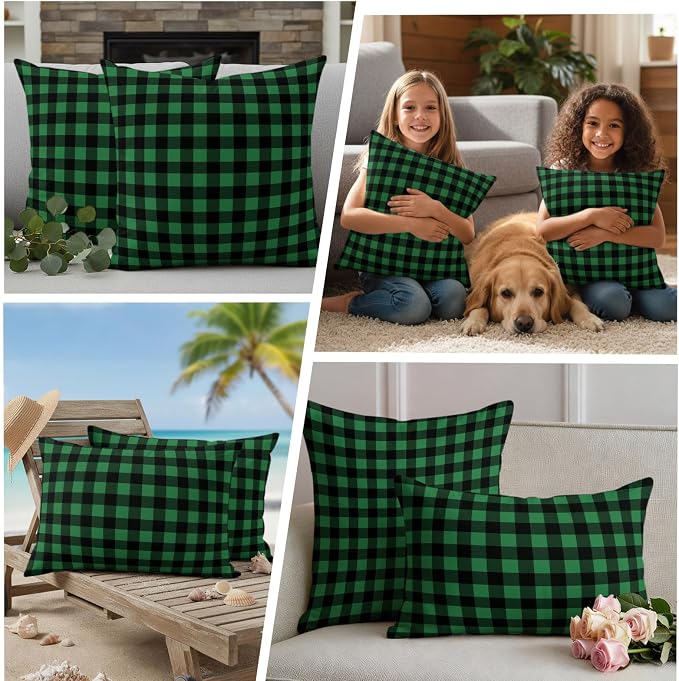 Forest Green Checks Outdoor Pillow Covers 20"x20" Set of 2, Black Gingham Plaid Abstract Modern Waterproof Throw Pillow Covers for Patio Furniture, Decorative Cushion Covers for Porch