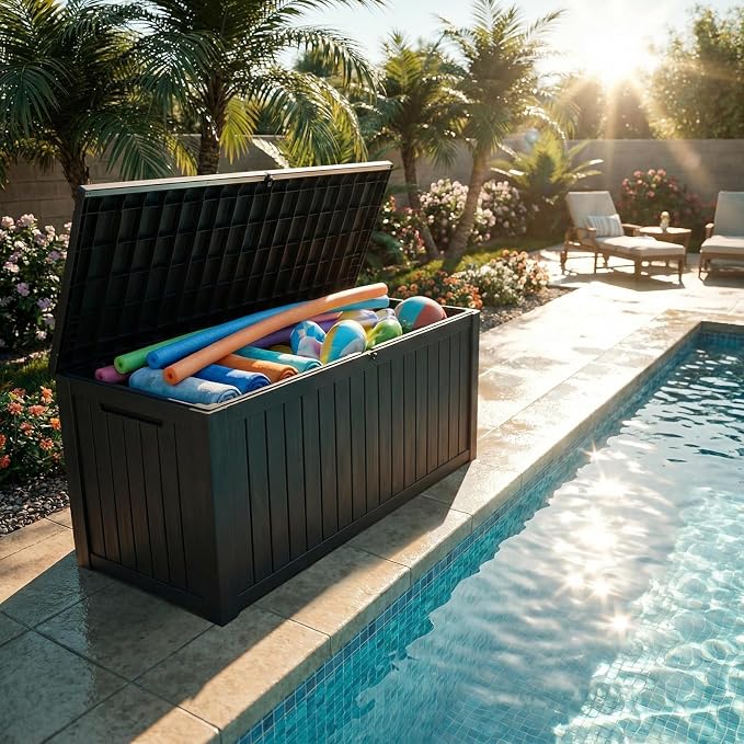 180 Gallon Waterproof Resin Outdoor Storage Box, Lockable & UV Resistant | Patio Deck Boxes, Outside Storage for Patio Cushions, Pool Toys, Garden Tools & Package Delivery, Black