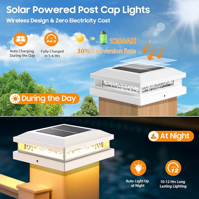 Solar Post Lights Outdoor 16-Pack, 2 Lighting Modes 16 LEDs Solar Post Cap Lights for 4x4 4.5x4.5 5x5 Vinyl Wooden Posts Waterproof, Fence Light Solar Powered for Deck Fence Yard Porch, White