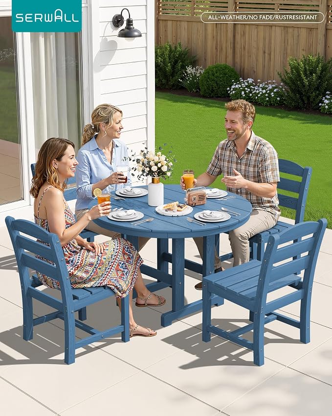 SERWALL 5-Piece Patio Dining Sets, HDPE Outdoor Table and Chairs Furniture Set, 45" Round Dining Table and 4 Armless Dining Chairs, Navy