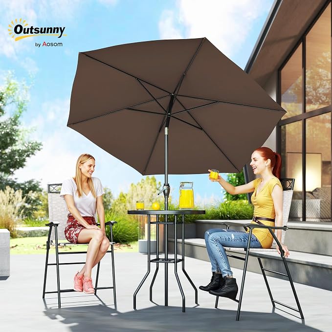 Outsunny 4 Piece Outdoor Patio Dining Furniture Set, 2 Folding Chairs, Adjustable Angle Umbrella, Wave Textured Tempered Glass Dinner Table, Beige