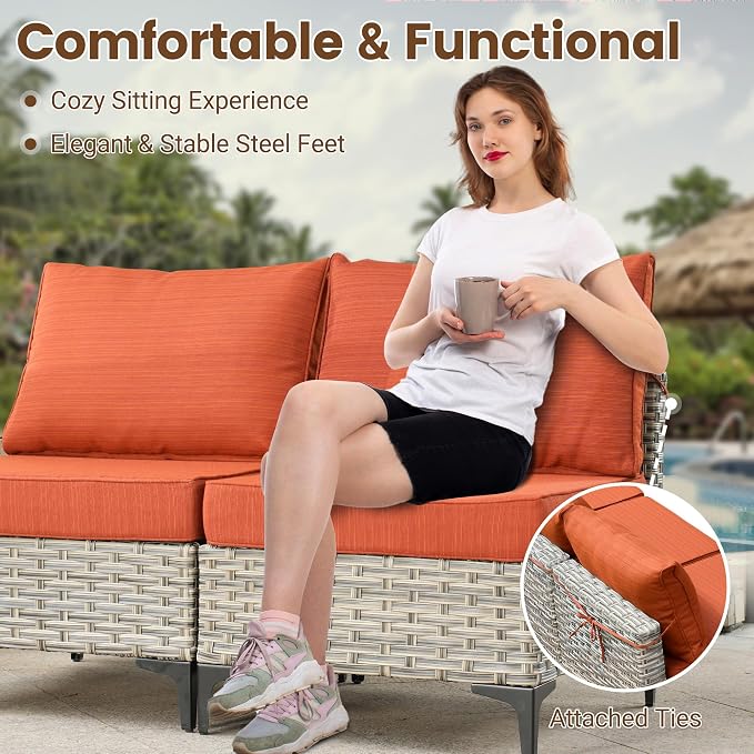 7 Pieces Wicker Patio Furniture Set,Outdoor Sectional Sofa with Coffee Table Comfy Cushions,Modern Modular Deep Seat Rattan Couch Conversation Set,Orange Line
