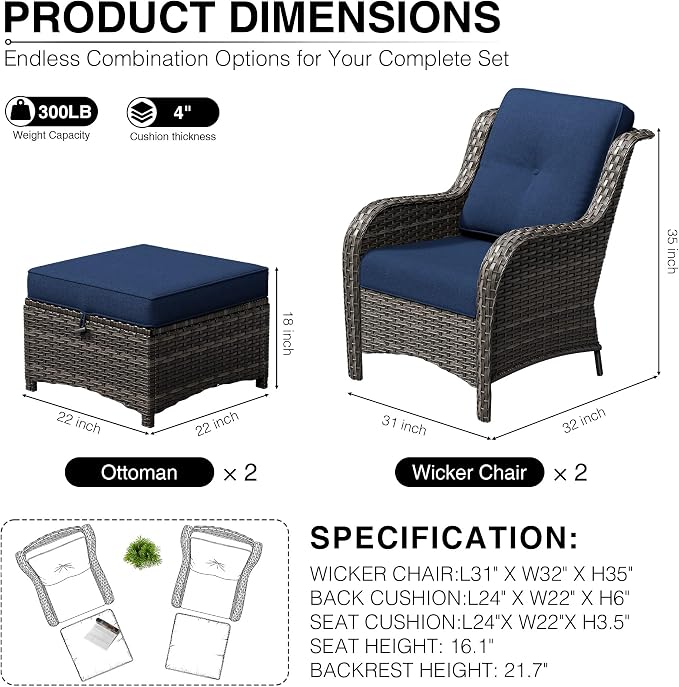 Joyside 4 Piece Wicker Patio Furniture Set, Rattan Patio Chairs with High Back, Deep Seating, Wide Armrest, Thickened Cushions, Outdoor Furniture for Deck, Porch Use
