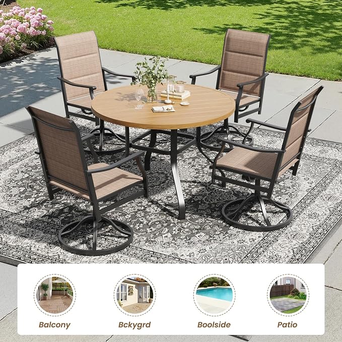 Soohow Patio Dining Set for 4, 5-Piece Round Outdoor Dining Set 4 x Swivel Patio Chairs and 41" Round Outdoor Dining Table with 1.57" Umbrella Hole, Wood-Like, for Poolside, Backyard