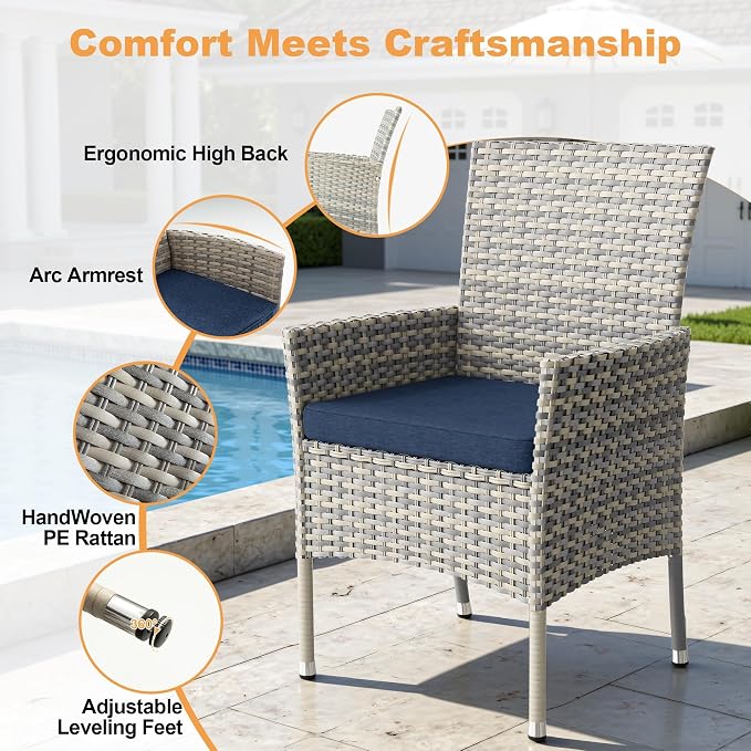 15-Piece Patio Dining Set, Patio Furniture Set with Square Tempered Glass Table & 12 Wicker Chairs, Expandable Design for Larger Groups, Outdoor Furniture for Backyard, Deck, Garden, Navy Blue