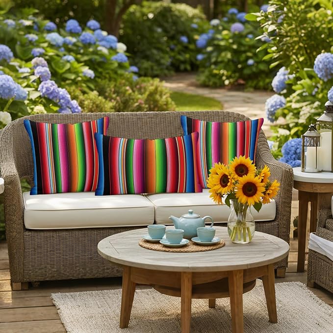 Red Green Blue Striped Outdoor Pillow Covers 20x12 Inch Lumbar Pillow Covers Set of 2 Waterproof Decorative Throw Pillow Cases Modern Abstract Striped Cushion Covers for Patio Furniture Garden Couch