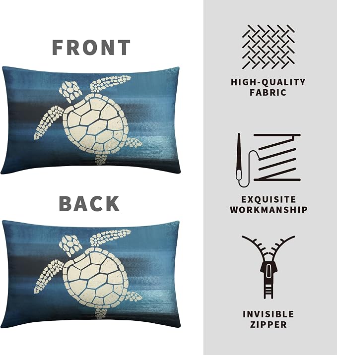Starfish and Turtle Pillow Covers Sea Ocean Coastal Theme Rectangle Pillow Case 12x20 Beach Nautical Navy Blue Lumbar Throw Pillow Covers for Bedroom Living Room Sofa 2 Pack