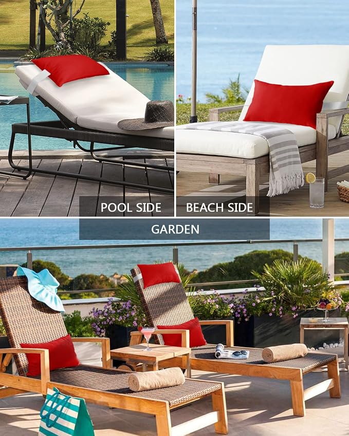 Outdoor Pillows Covers with Inserts Solid Color Christmas Red Waterproof Recliner Pillow with Adjustable Strap Throw Pillows for Patio Furniture Pool Lounge Chair, 11x16 inch, 1PCS
