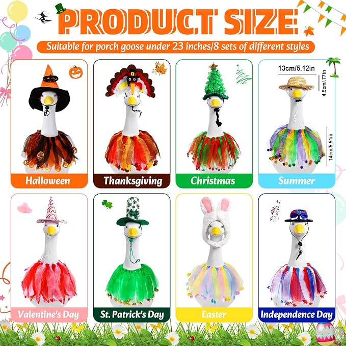 8 Set Holiday Porch Goose Outfits Halloween Fall Christmas All Seasons Porch Goose Clothes for 23" Goose Statue Lawn Patio Yard Garden Decor