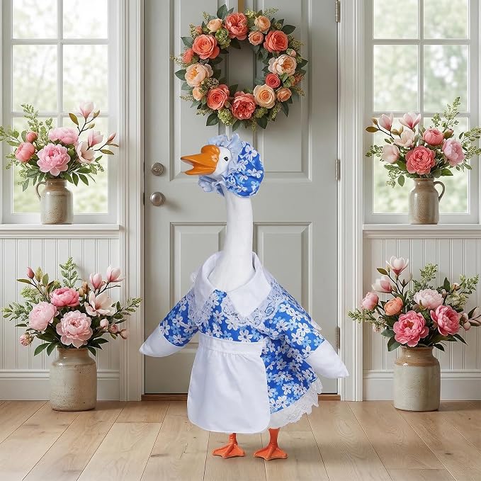 Spring Porch Goose Outfit Daisy Porch Goose Clothes for 23 Inch Lawn Cement or Plastic Geese Statue Geese Skirt Costume with Hat Dress for Spring Outdoor Patio Yard Garden Holiday Decoration
