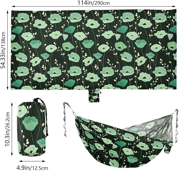 Camping Hammock Outdoor Hammocks for Outside Green Flowers Black Beach Trees Portable Lightweight with Pockets Tree Straps Indoor