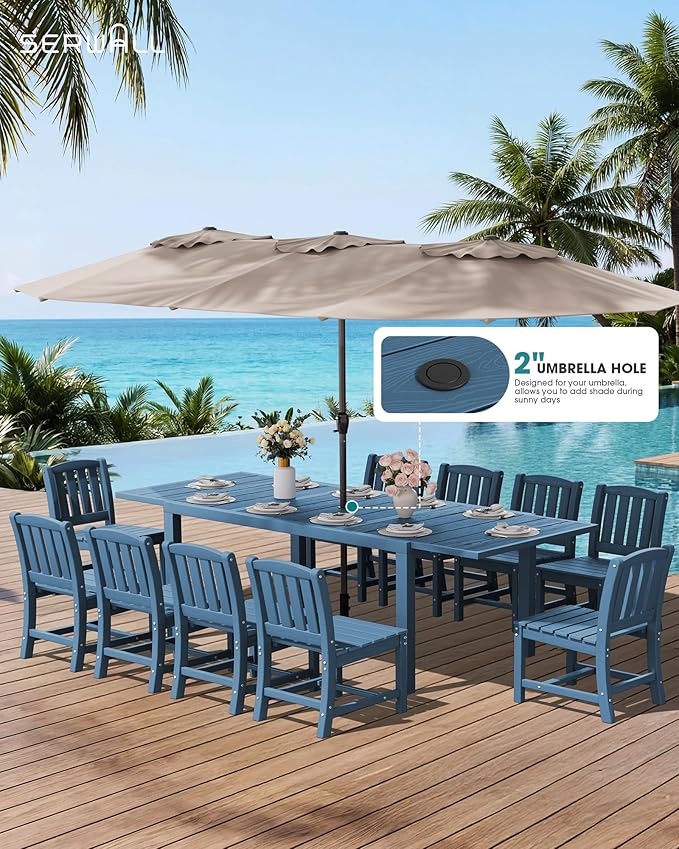 SERWALL 9-Piece Outdoor Dining Set, 60" - 83" Expandable Outdoor Dining Table and 8 HDPE Chairs, All Weather HDPE Outdoor Furniture Set for Backyard, Garden, Blue
