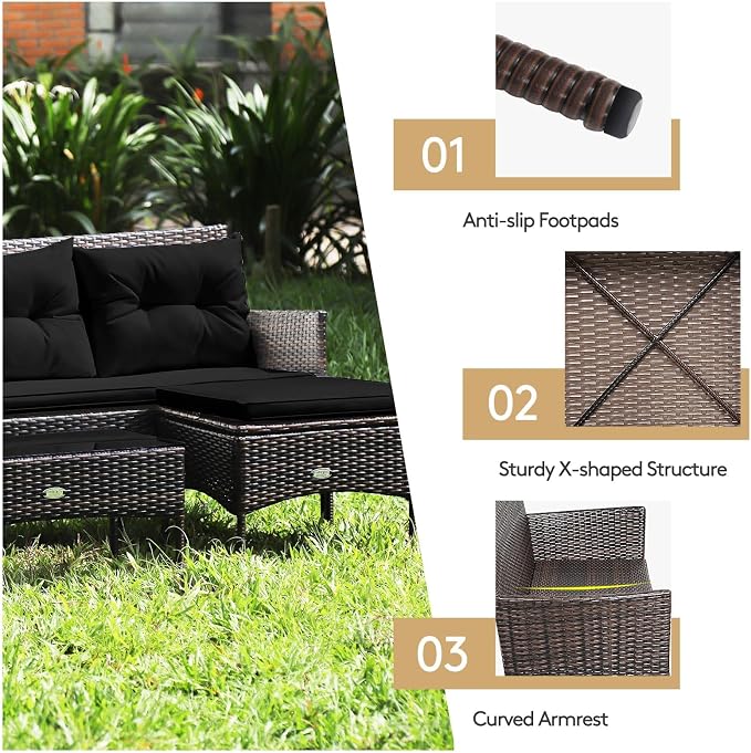 HAPPYGRILL 3-Piece Patio Furniture Set Outdoor Rattan Conversation Set with Coffee Table, Seat & Back Cushions, Sectional Sofa Set for Poolside Balcony Backyard