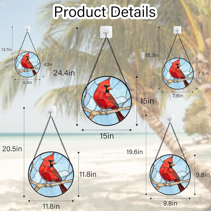 Stained Glass Window Hanging Cardinal Birds 6.3" - Suncatcher Door Garden Sun Catcher Home Decor Christmas Birthday for Bird Lovers Woman Her Nana Wife Men Mom