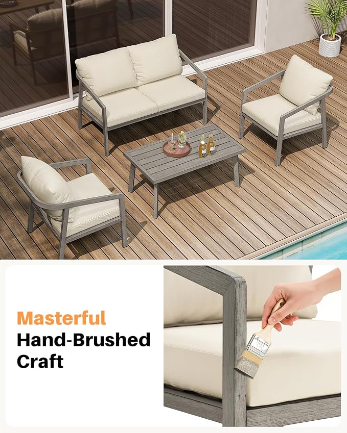 4-Piece Outdoor Sofa Set, Never-Rust Aluminum Patio Conversation Set with Thick Cushions, Outdoor Loveseat, 2 Patio Armchairs and Coffee Table for Outside, Poolside, Deck, Gray Oak