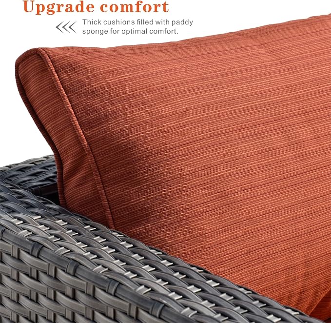 HOOOWOOO Patio Outdoor Sectional Furniture Sofa Set,7 Piece U Shaped Corner Wicker Rattan Couch Set,Rustic 6 Persons Summer Patio Conversation Set for Outside Porch Deck Garden(Orange Red)