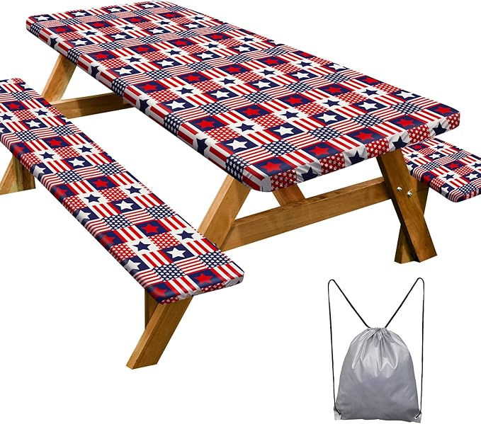 Play Tailor Picnic Table Cover with Bench Covers Camping Essentials Waterproof Windproof Camping Tablecloth with Drawstring Bag, Fitted Rectangle Tables and Seats, 72in, Red Blue Checkered