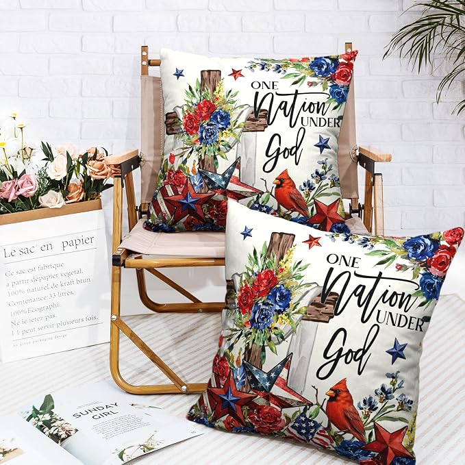 Patriotic Throw Pillow Covers 4th of July Memorial Day Pillow Covers 16x16 Set of 2 Stars Stripes Pillow Cases Floral Cross American Flag Cushion Case for Home Bedroom Living Room