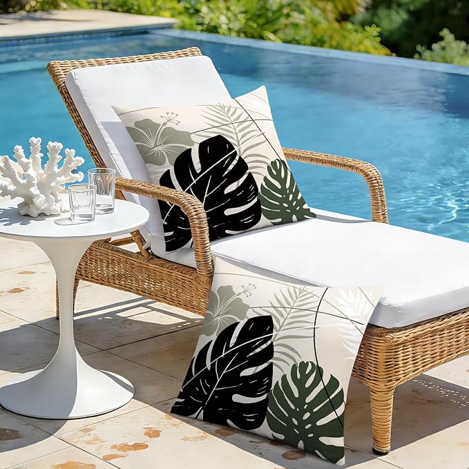 OTOSTAR Outdoor Waterproof Throw Pillow Covers 20x20 Inch Set of 2 Double-Sided Black Grey Tropical Leaf and Flower Spring Summer Decorative Pillow Cases for Patio Funiture Garden Balcony Couch