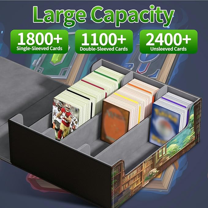 Large Card Deck Box for MTG, Fits 1200+ Sleeved Cards, PU Leather Storage Case with Strong Magnetic Closure, Multiple Colors Available for TCG CCG Baseball Card Collections, Library Window