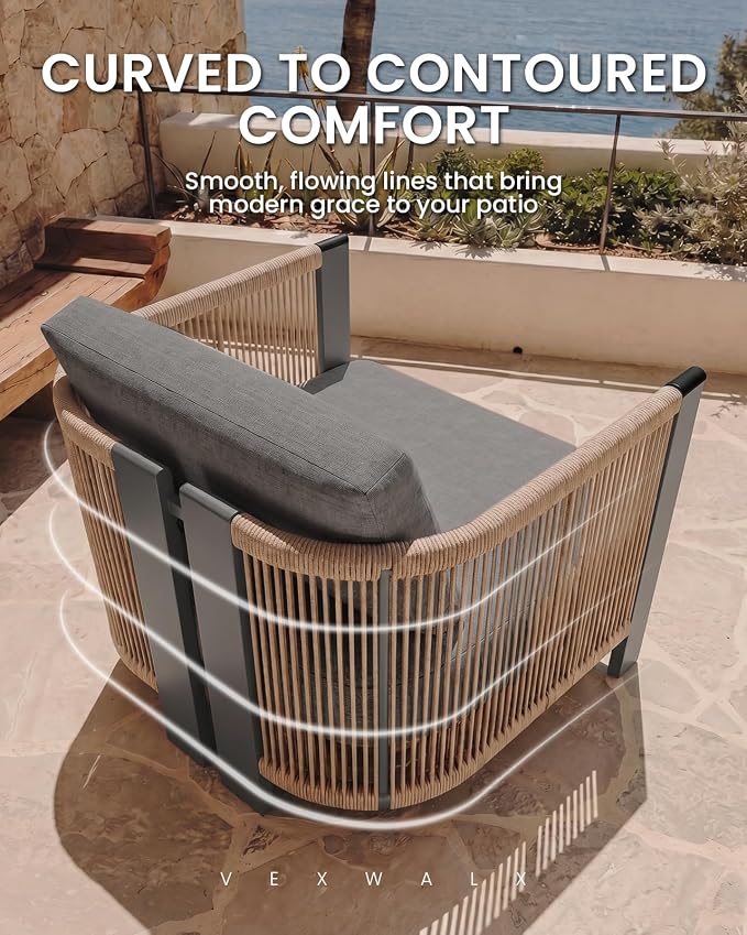 Vexwalx Luxury Patio Furniture Set, 4-Piece Curved Outdoor Furnitrue Set with Weather-Resistant Aluminum Frame and 7.1" Thicker Cushion, Woven Rope Patio Conversation Set for Deck, Garden
