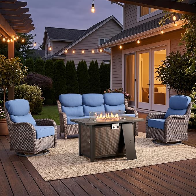 Luxury High Back Outdoor Furniture with 6-inch Extra Thick Cushions, Patio Furniture Set with Fire Pit Table & Swivel Chairs, 4 PCS Wicker Conversation Set for Yard, Deck, Poolside, Brown/Blue