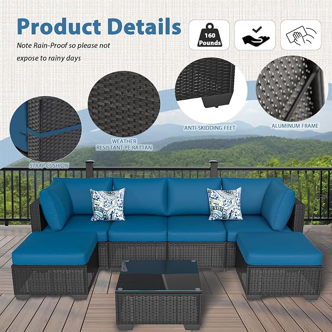 AECOJOY 7 Piece Outdoor Patio Furniture Set, Outdoor Sectional Conversation Furniture Chair with Coffee Table, Patio Sectional for Backyard, Garden(Peacock Blue Cushion and Black Rattan)