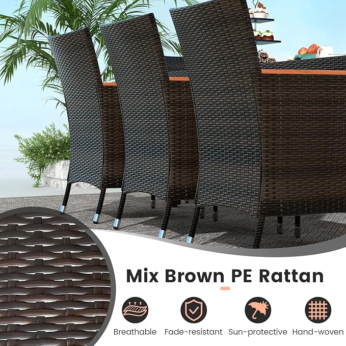 Tangkula 11 Pieces Patio Dining Set with 15ft Double-Sided LED Patio Umbrella (Base Included), Outdoor Rattan Furniture Set with 8 Stackable Chairs, Acacia Wood Dining Table and Umbrella (Navy)