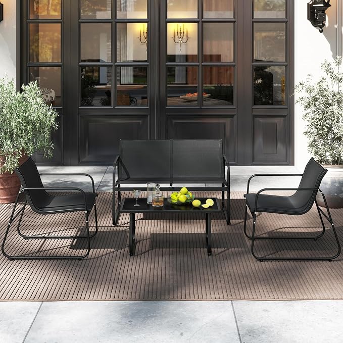 HAPPYGRILL 8 Pieces Patio Conversation Set, Fabric Lawn Chairs and Loveseat with Tempered Glass Coffee Table, Heavy Duty Metal Frame, Outdoor Furniture Set for Porch, Garden and Poolside