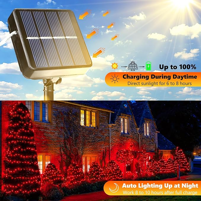Joomer Solar Fairy Lights, 2-Pack Total 80FT 240LED String Lights, Red | Silver Wire, Solar String Light Waterproof 8 Lighting Modes for Patio Fence Party Garden Yard Home Outdoor Decoration