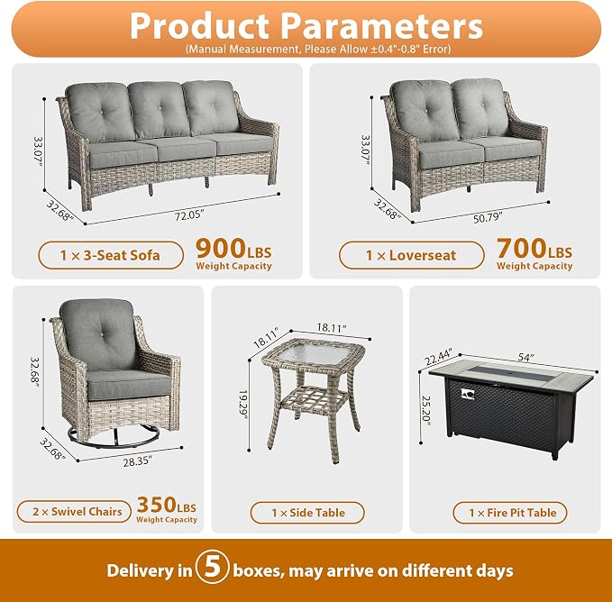 6 PCS Outdoor Patio Furniture Sets,Patio Conversation Sets Outside Rattan Soft Cushion Sofa with 2 Wicker Rocking Chairs & 54 in Fire Pit Table Fit Backyard Porch Garden Poolside Balcony,Dark Grey
