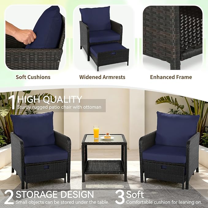 5 Pieces Patio Furniture Set, Rattan Outdoor Lounge Chairs with Soft Cushions,Outdoor Wicker Patio Conversation Set with Hidden Ottoman and Coffee Table for Porch, Garden, Backyard (Dark Blue)