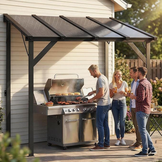 Outsunny 8' x 5' Hardtop Grill Gazebo, Lean-to BBQ Gazebo Shelter, Wall-Mounted Pergola with Polycarbonate Roof and Steel Frame, for Outdoor, Patio, Lawn, Garden, Patio, Backyard
