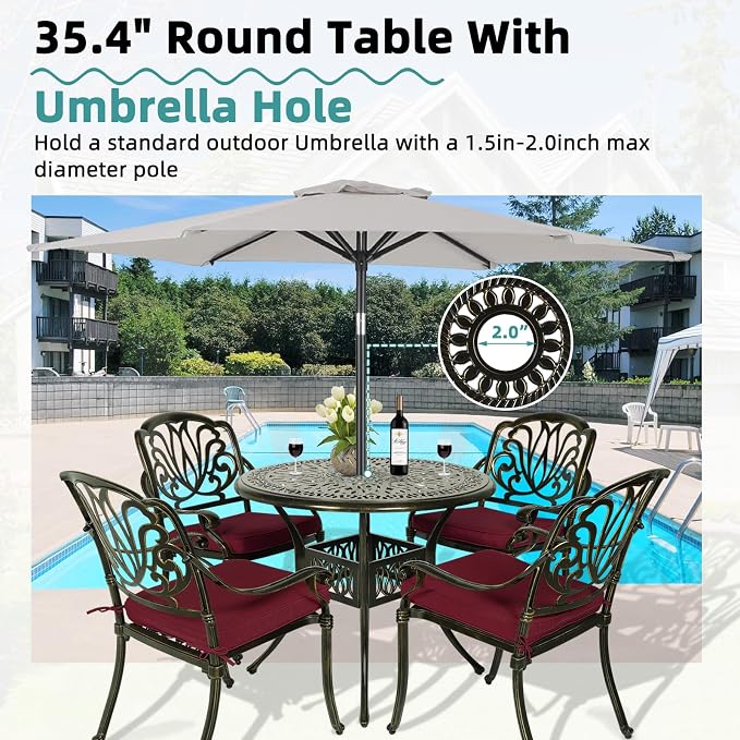 MEETWARM 5 Piece Outdoor Furniture Patio Dining Set, All-Weather Cast Aluminum Patio Table and Chairs Set- 4 Cushioned Chairs, 1 Round Dining Table with Umbrella Hole for Backyard, Chili Red
