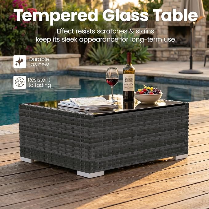 15 Pieces Patio Furniture Set with 44" Propane Gas Fire Pit Table, Outdoor Sectional Wicker Conversation Sofa Sets with Coffee Table