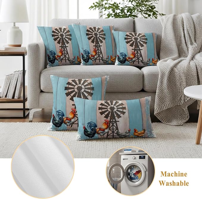 Rooster Hen Outdoor Pillow Covers 20"x12" Set of 2, Rustic Windmill Farmhouse Animal Wood Striped Country Waterproof Throw Pillow Covers for Patio Furniture, Decorative Cushion Covers for Porch