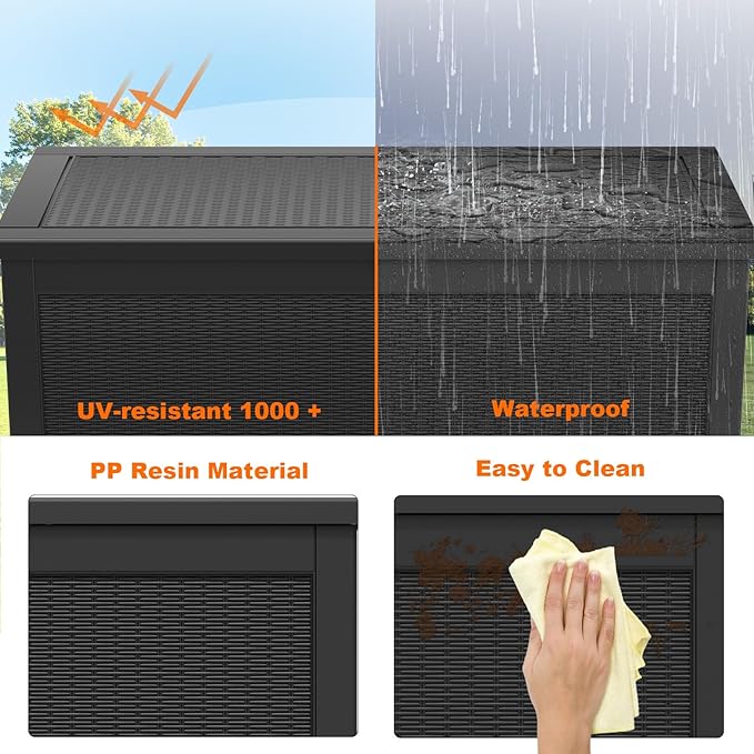 PatioZen 260 Gallon Resin Deck Box, Lockable Patio Outdoor Storage Box for Furniture, Garden Tools and Tools Storage, Waterproof Outside Storage Boxes - Black