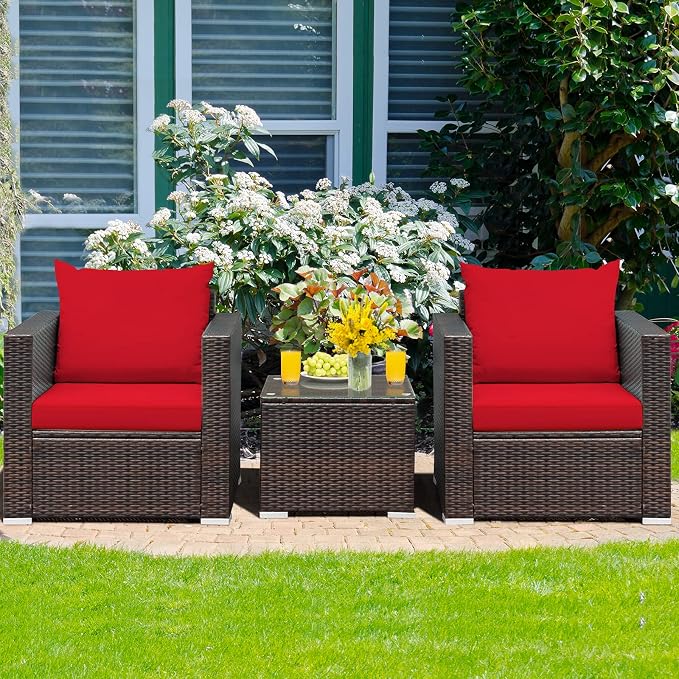 HAPPYGRILL 3 Piece Patio Furniture Set PE Rattan Wicker Sofa Set with Cushions and Coffee Table Outdoor Patio Conversation Set for Garden Poolside Balcony