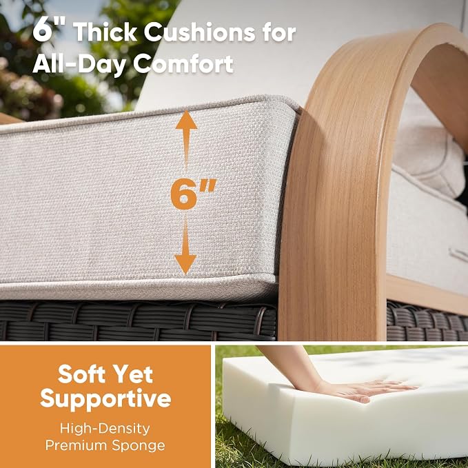Belord Upgraded 6" Cushion Luxury 3-Seater Outdoor Couch, Wicker Patio Sofa with 6-Inch Thick Cushions, All Weather Rattan Conversation Set Furniture for Balcony Porch Deck Yard, Wood & Beige
