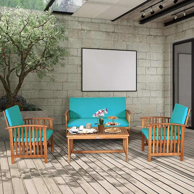 Tangkula 8 PCS Outdoor Acacia Wood Sofa Set w/Water Resistant Cushions, Padded Patio Seating Chat Set w/Coffee Table for Garden, Backyard, Poolside (2, Turquoise)