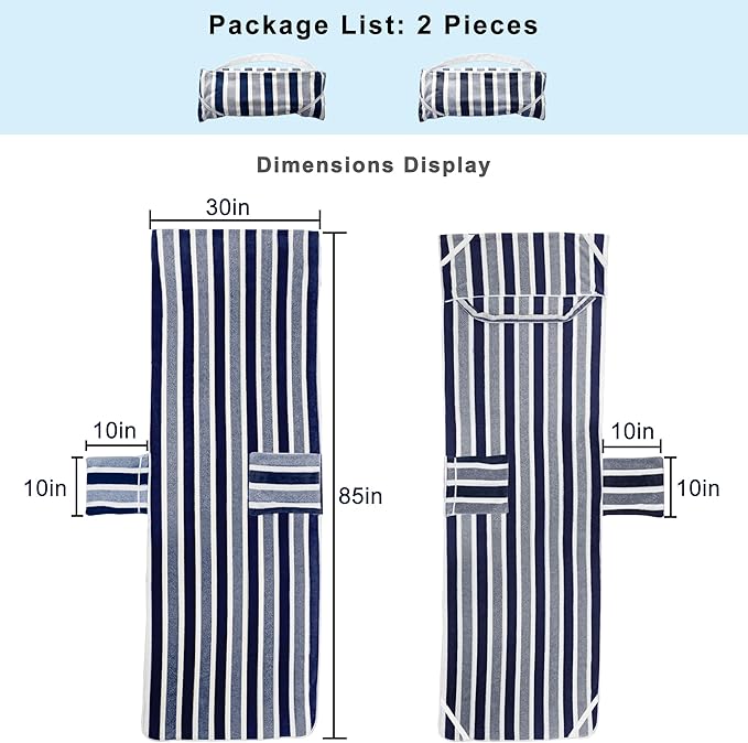 Lounge Chaise Chair Towel Cover, Pack of 2,Ultra Plush & Absorbent Micro Fleece Towel Cover for Pool,Beach,Outdoor(Garden, Courtyard) | Faster Drying,Non-Slip, 2 Side Pockets | 85" x 30"Blue Black