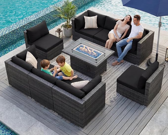 BULEXYARD 9 Piece High Back Outdoor Sectional Seating with Fire Pit Table, Heavy Duty Sturdy Wicker Patio Set Conversation Couch Sofa, Extra Wide Deep Large 8-Person Deck Furniture Set, Grey & Black