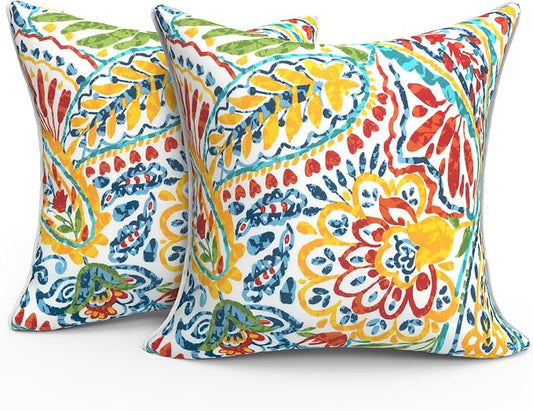 Outdoor Throw Pillow Covers Pack of 2, Decorative Water Repellent Square Pillow Cases with Piping 18x18 Inch, Paisley Multi